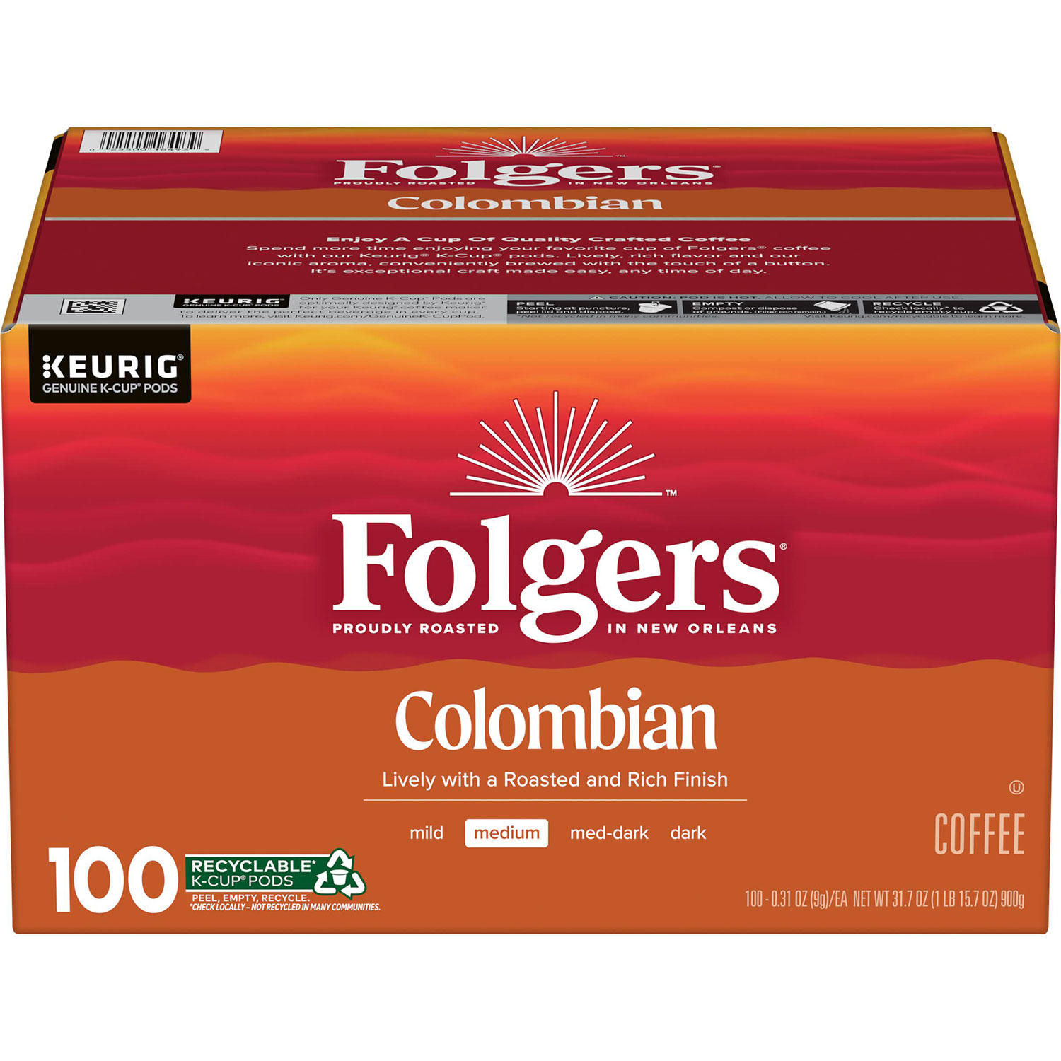 Folgers 100% Colombian Coffee K-Cups, Medium Roast (100 ct.)