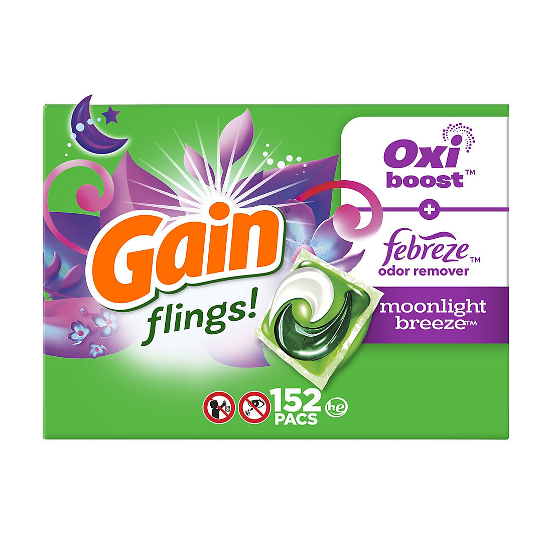 Gain Flings Liquid Laundry Detergent Soap Pacs, 152 ct. - Moonlight Breeze Scent