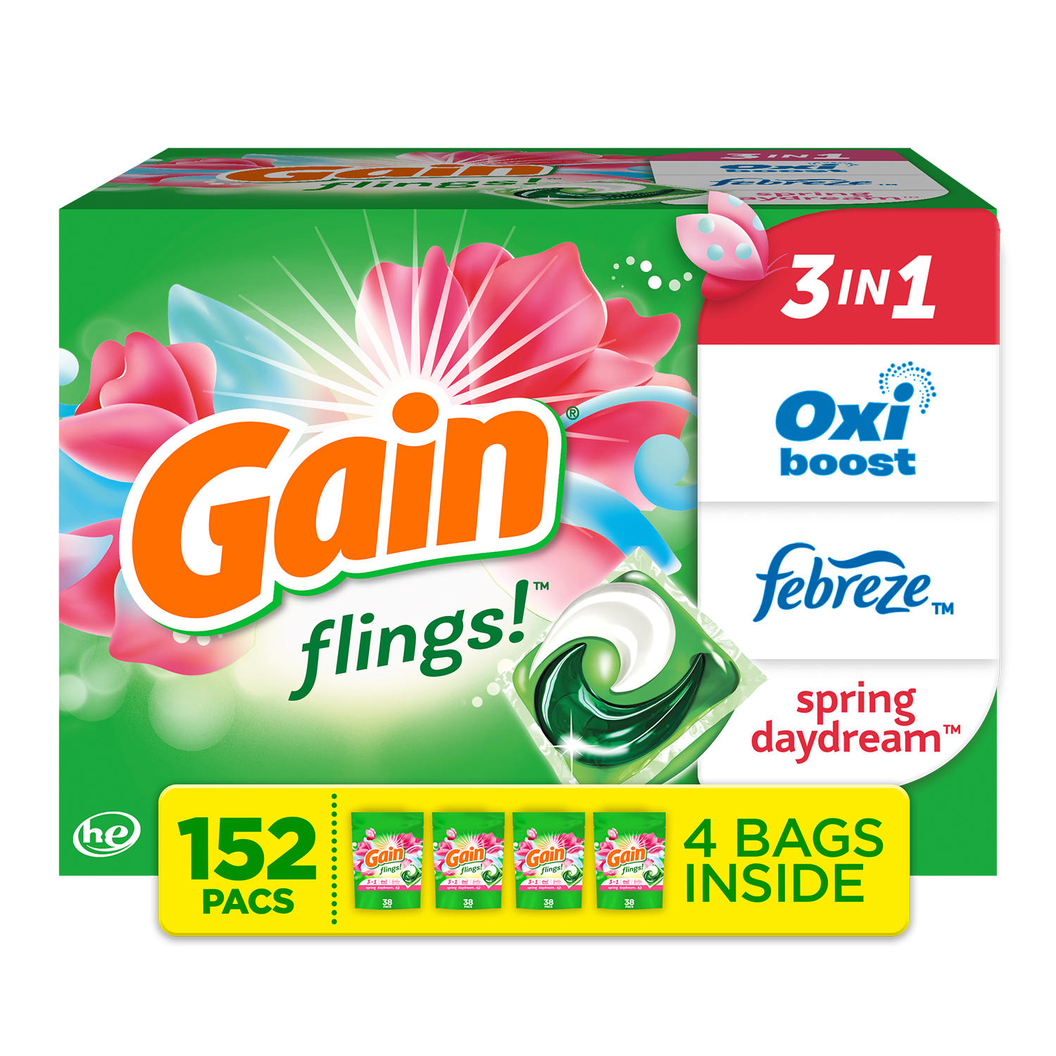 Gain Flings! Liquid Laundry Detergent Pacs, Spring Daydream (152 ct.)