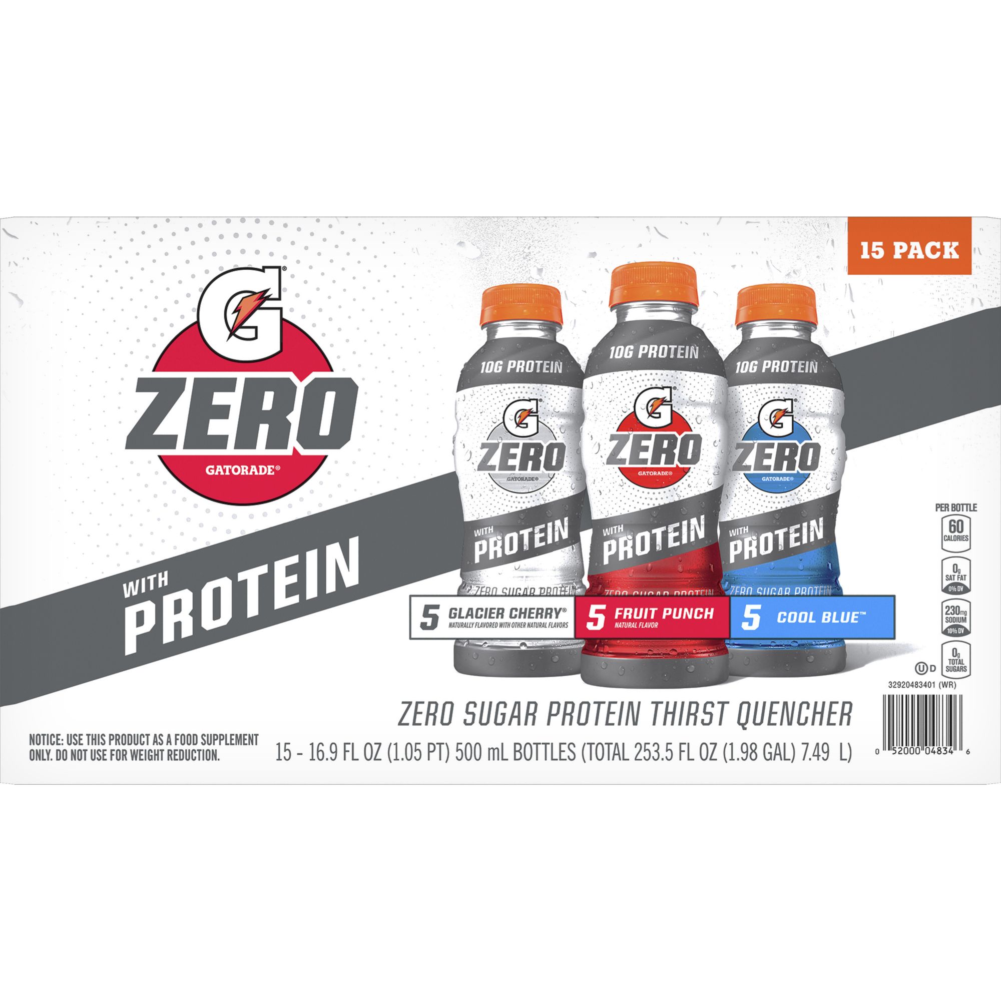 Gatorade Zero Sugar with Protein Sports Drinks Variety Pack, 15 pk./16.9 fl. oz.