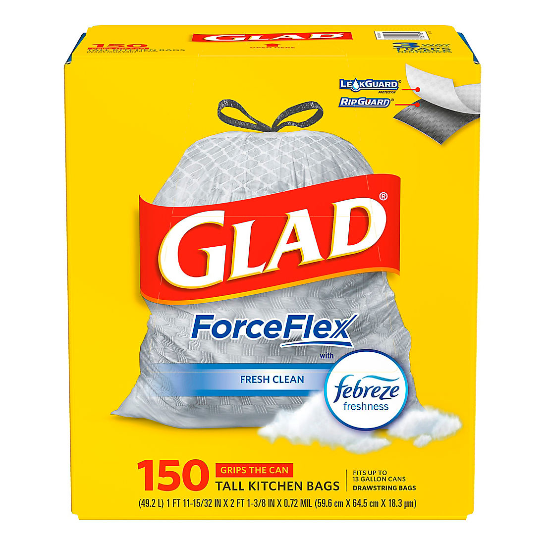 Glad ForceFlex Drawstring Trash Bag, 150 ct./13 gal.