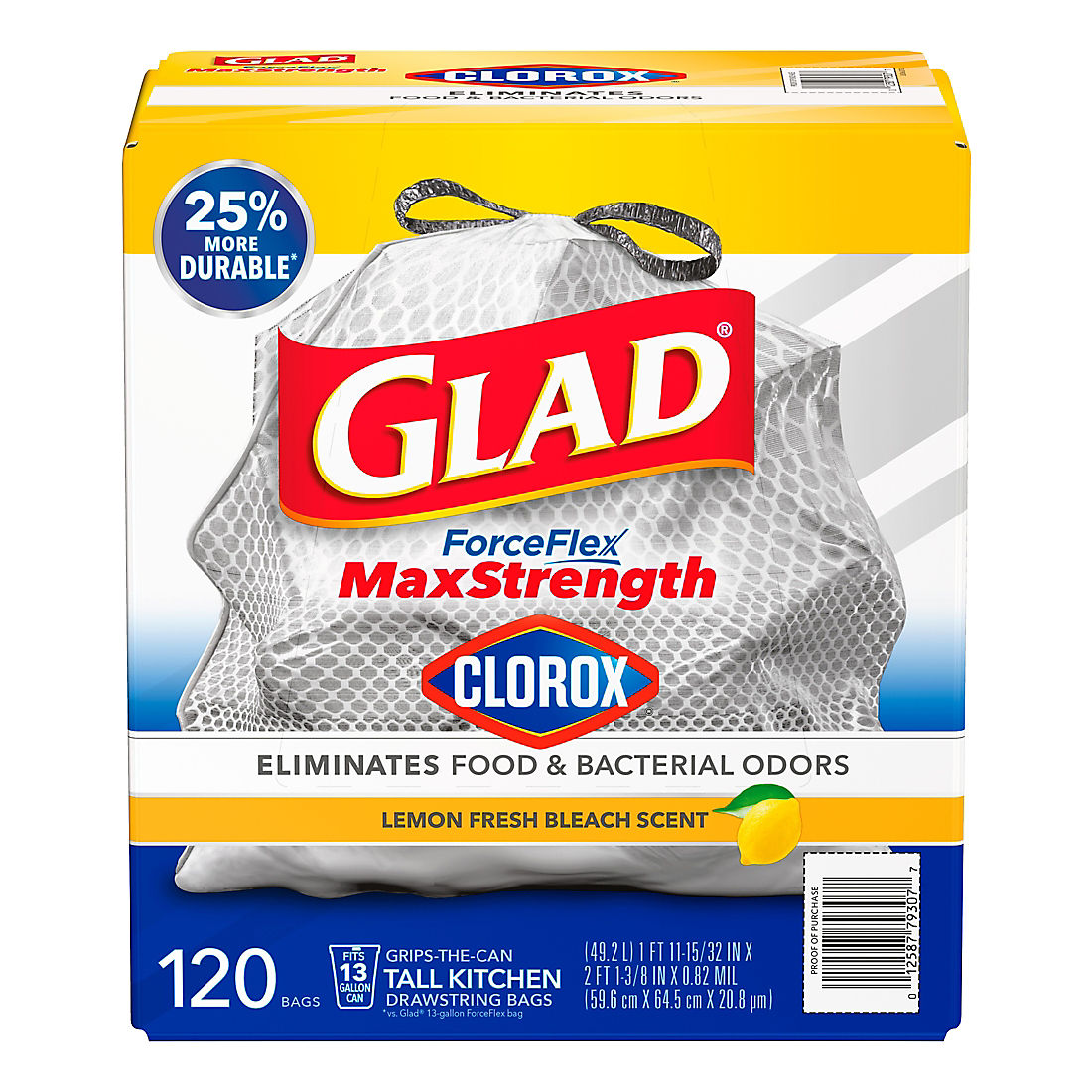 Glad ForceFlex MaxStrength with Clorox 13 Gal. Kitchen Trash Bags, 120 ct. - Lemon Fresh Bleach Scent