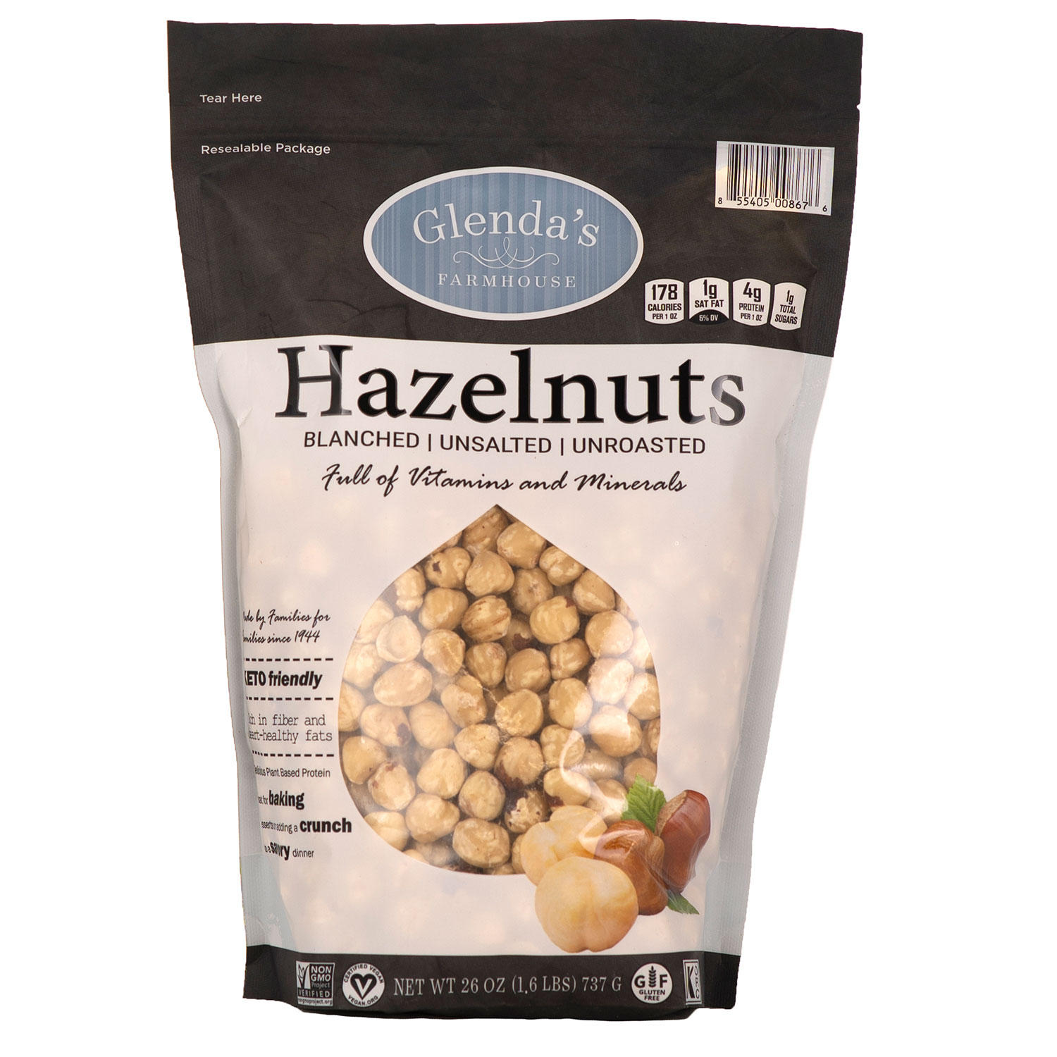Glenda's Farmhouse Unsalted Unroasted Blanched Hazelnuts (26 oz.)
