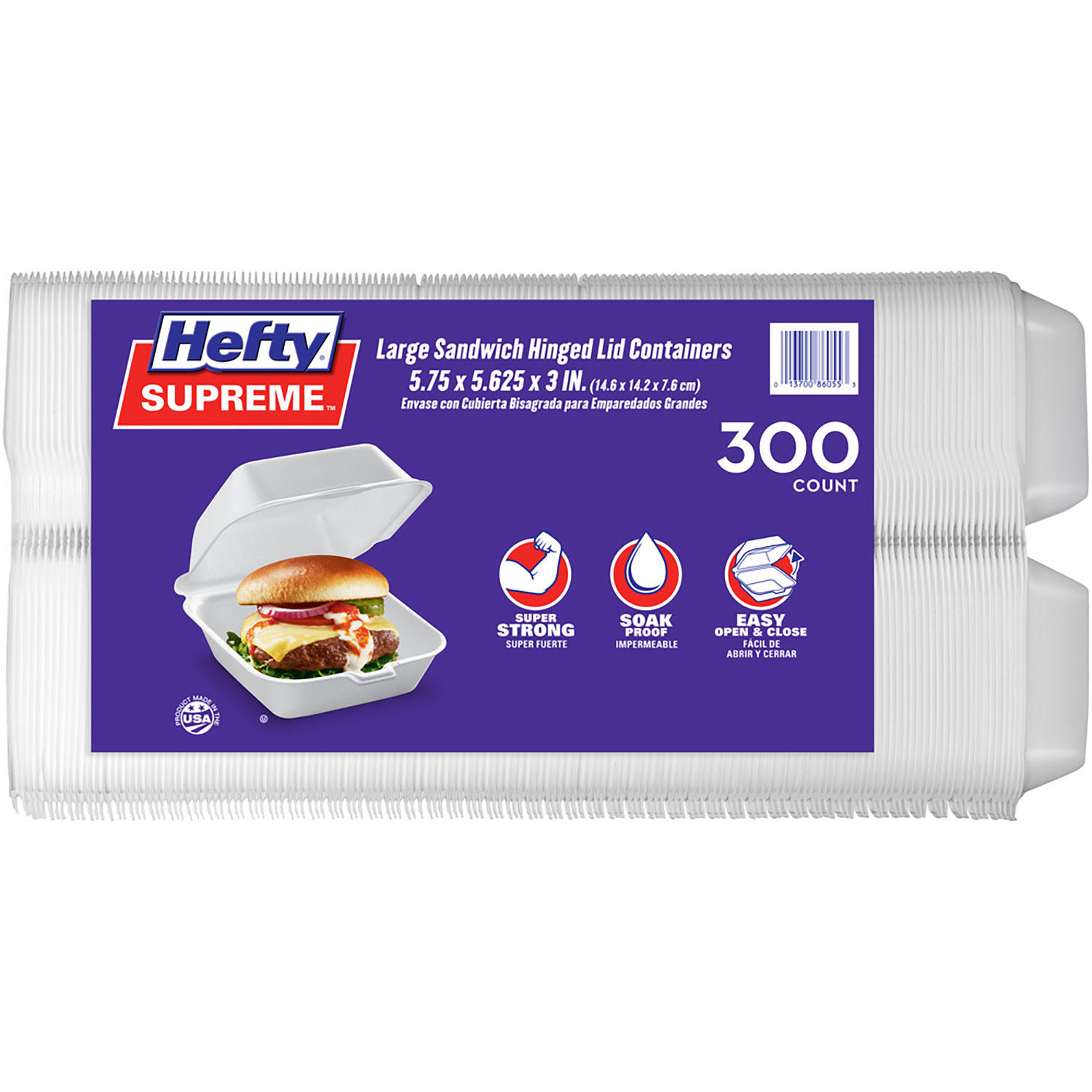 Hefty Supreme Large Sandwich Foam Hinged Lid Containers, 6" (300 ct.)