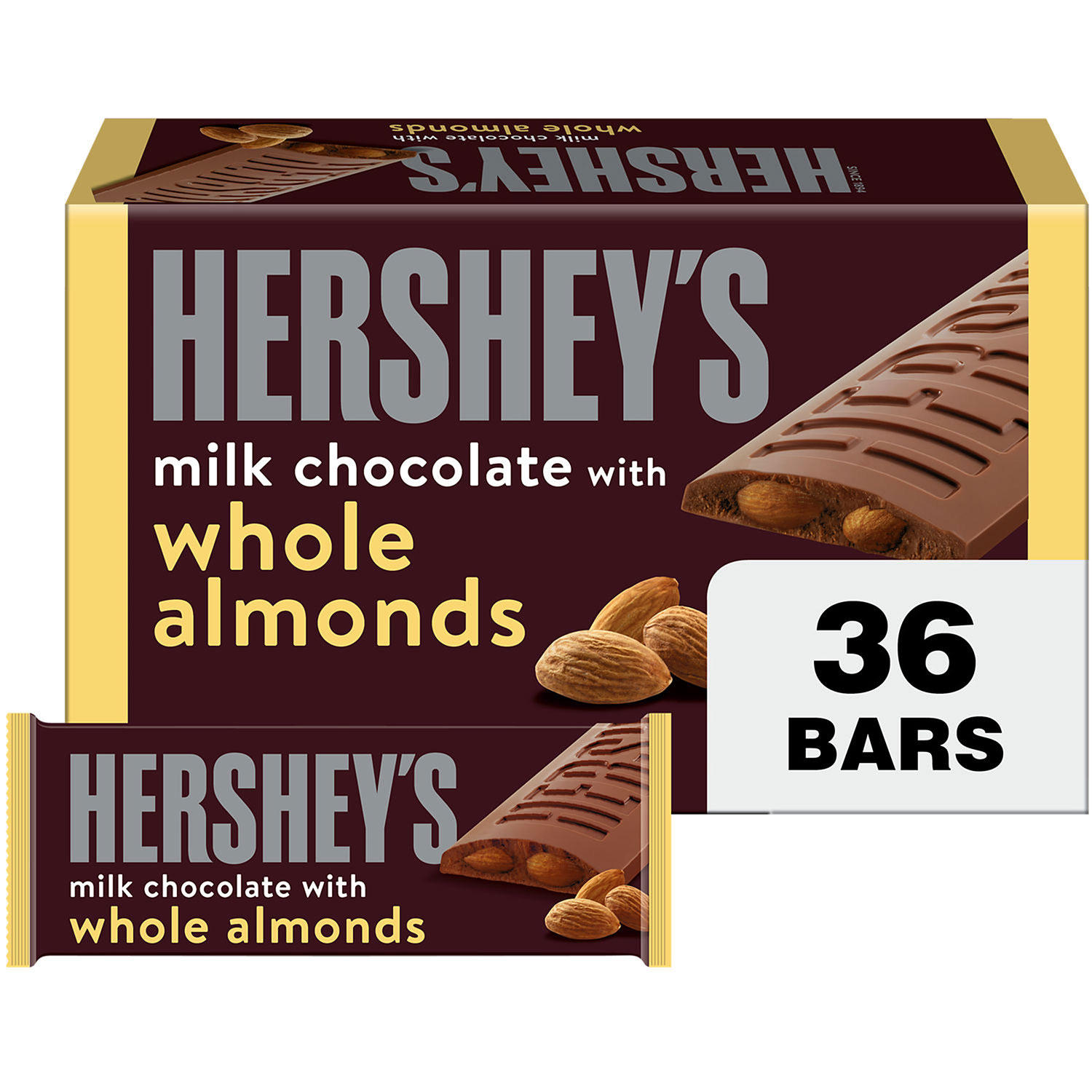 Hershey's Milk Chocolate with Whole Almonds Treats, Bulk Individually Wrapped Candy Bars (1.45 oz., 36 ct.)