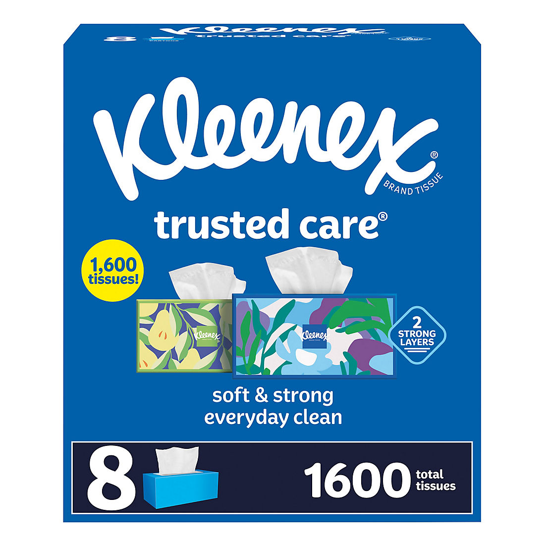Kleenex Trusted Care Facial Tissues, 8 Flat Boxes, 200 Tissues per Box, 2-Ply (1,600 Total Tissues)
