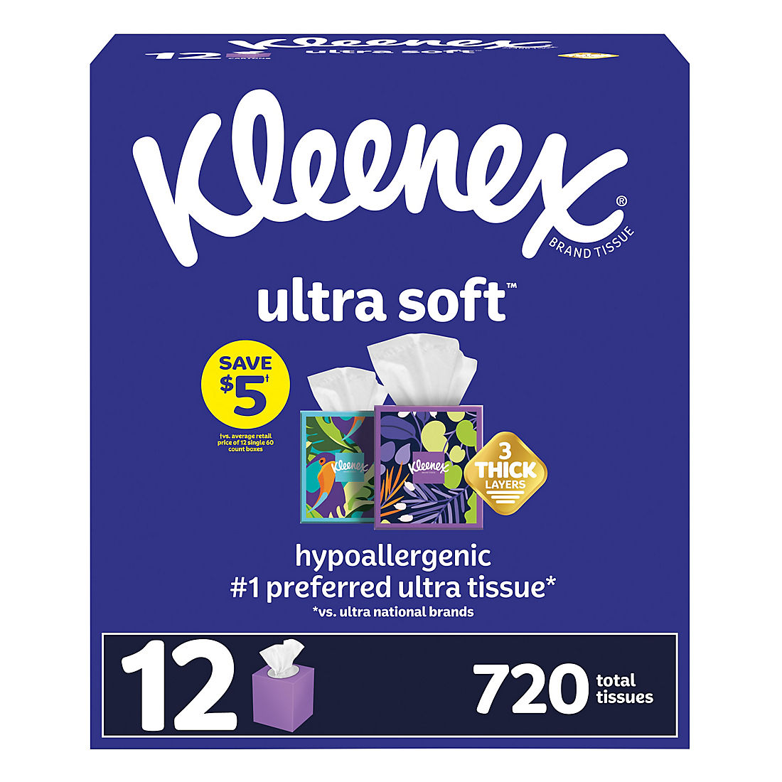 Kleenex Ultra Soft, Soft Facial Tissue, 12 Cube Boxes, 60 Tissues per Box, 3-Ply (720 Total Tissues)