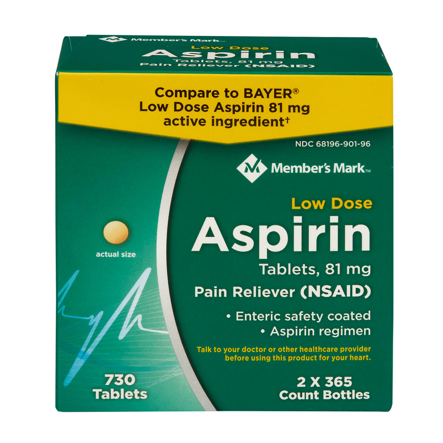 Member's Mark 81mg Low Strength Aspirin (2 bottles of 365 tablets each)