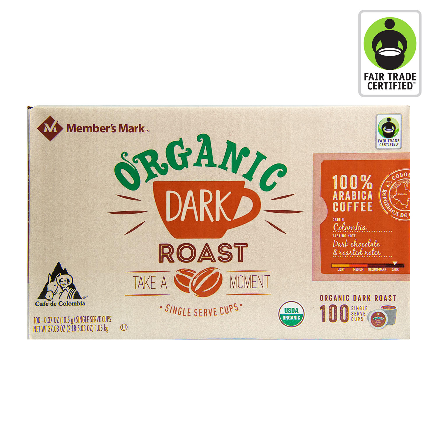 Member's Mark Fair Trade Certified Organic Coffee Single-Serve Cups, Dark Roast  (100 ct.)