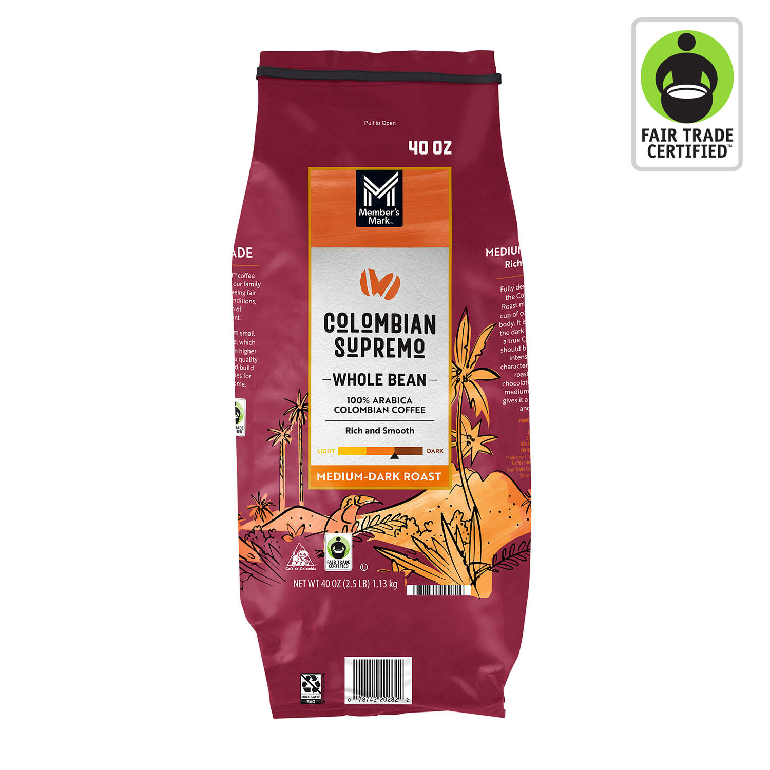Member's Mark Fair Trade Certified Whole Bean Coffee Colombian Supremo (40 oz.)