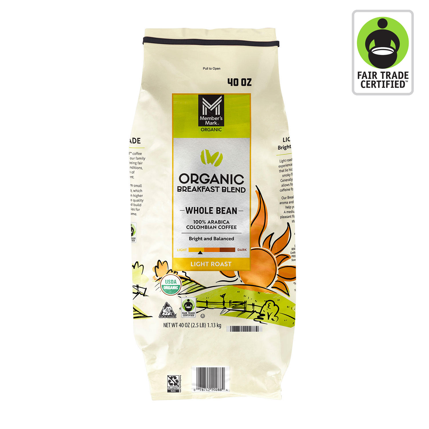 Member's Mark Organic Fair Trade Certified Whole Bean Coffee, Breakfast Blend (40 oz.)