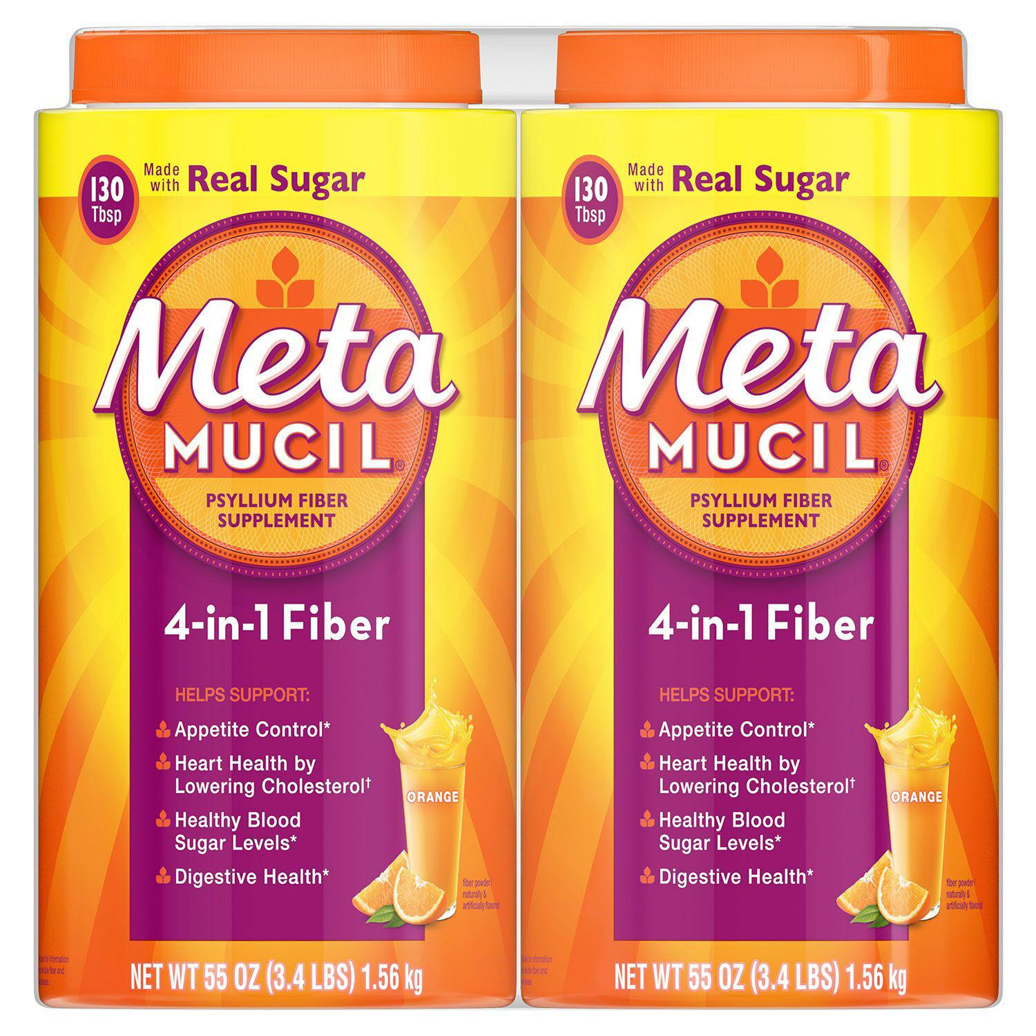 Metamucil Fiber 4-in-1 Psyllium Fiber Supplement Powder, Orange (55 oz., 2 pk.)