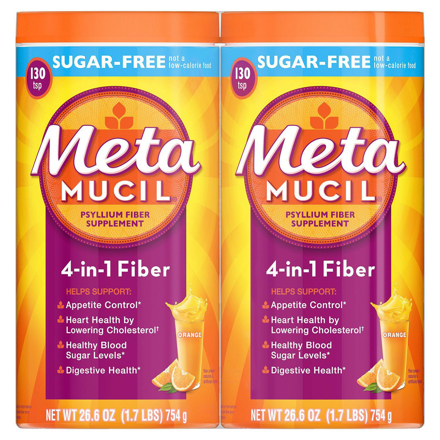 Metamucil Fiber 4-in-1 Psyllium Sugar-Free Fiber Supplement Powder, Orange  (26.6 oz., 2 pk.)