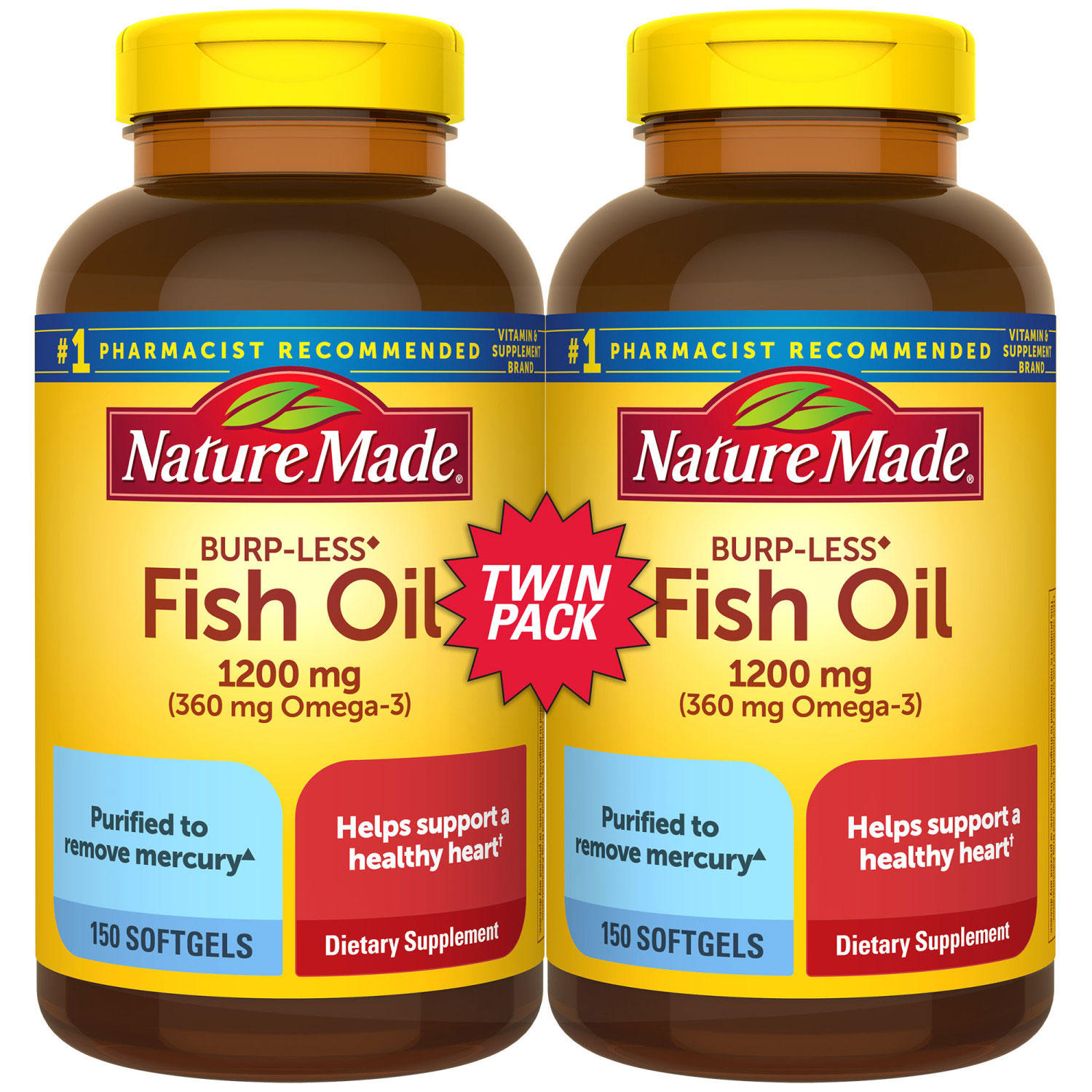Nature Made Burp-Less Fish Oil 1,200 mg. Softgels for Heart Health (2 pk., 150 ct./pk.)
