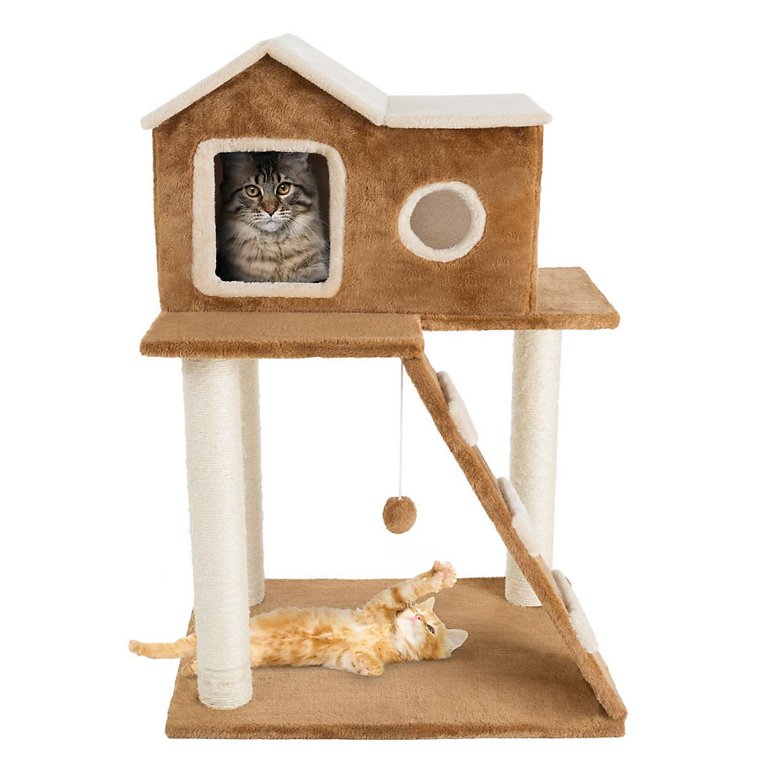 PETMAKER 3-Tier Cat Tree with Ladder and Condo - Tan/Brown