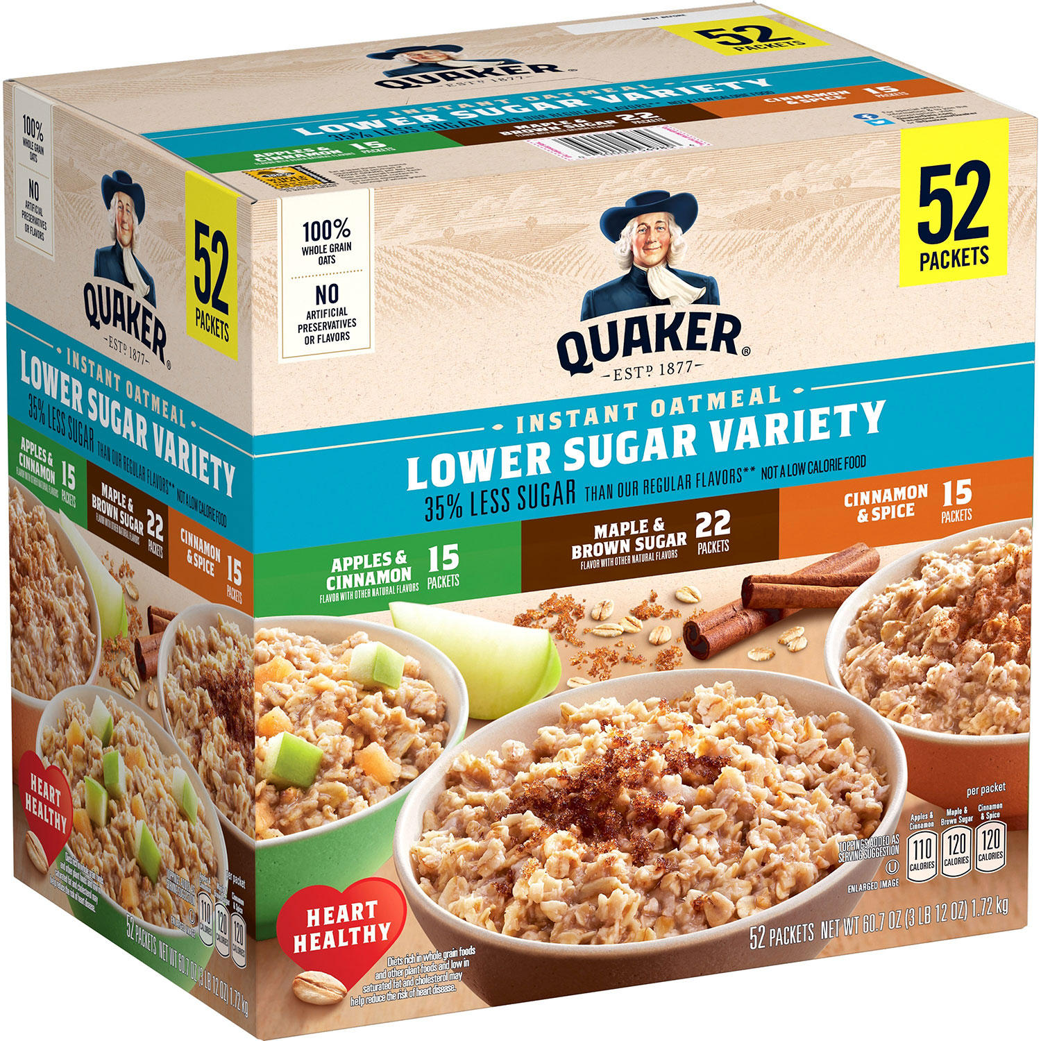 Quaker Lower Sugar Instant Oatmeal, Variety Pack (52 pk.)