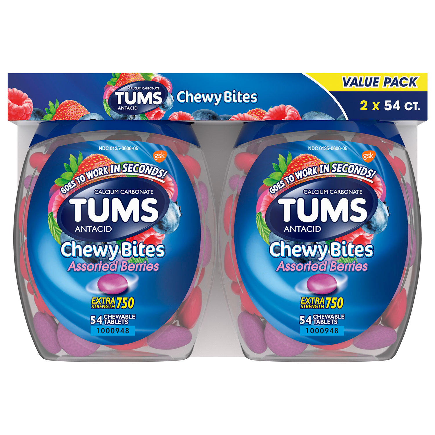 TUMS Chewy Bites Chewable Antacid Tablets for Heartburn Relief, Assorted Berries (54 ct., ea. 2 pk.)