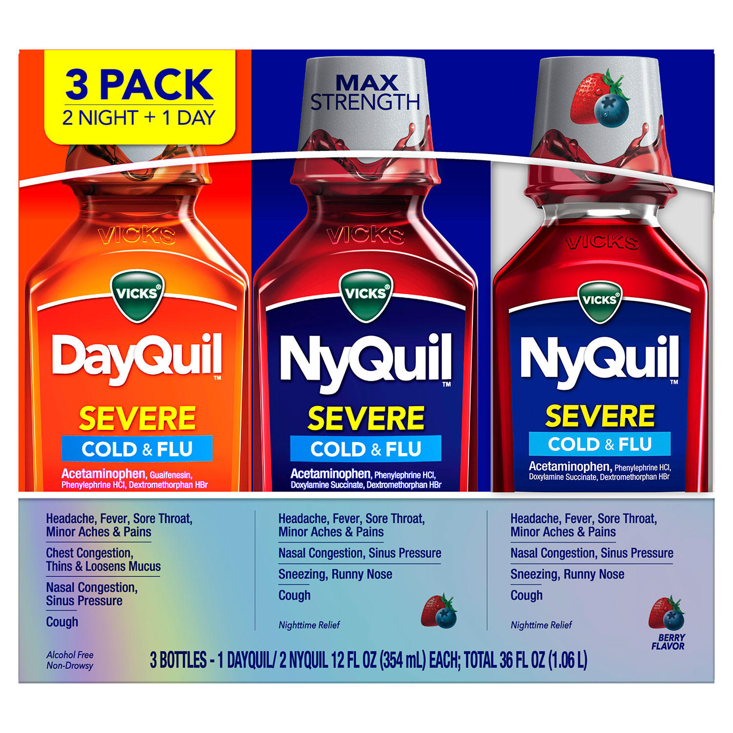 Vicks DayQuil and NyQuil SEVERE Cold & Flu Relief Liquid, Berry Flavor (3 pk., 12 fl.oz./Bottle)