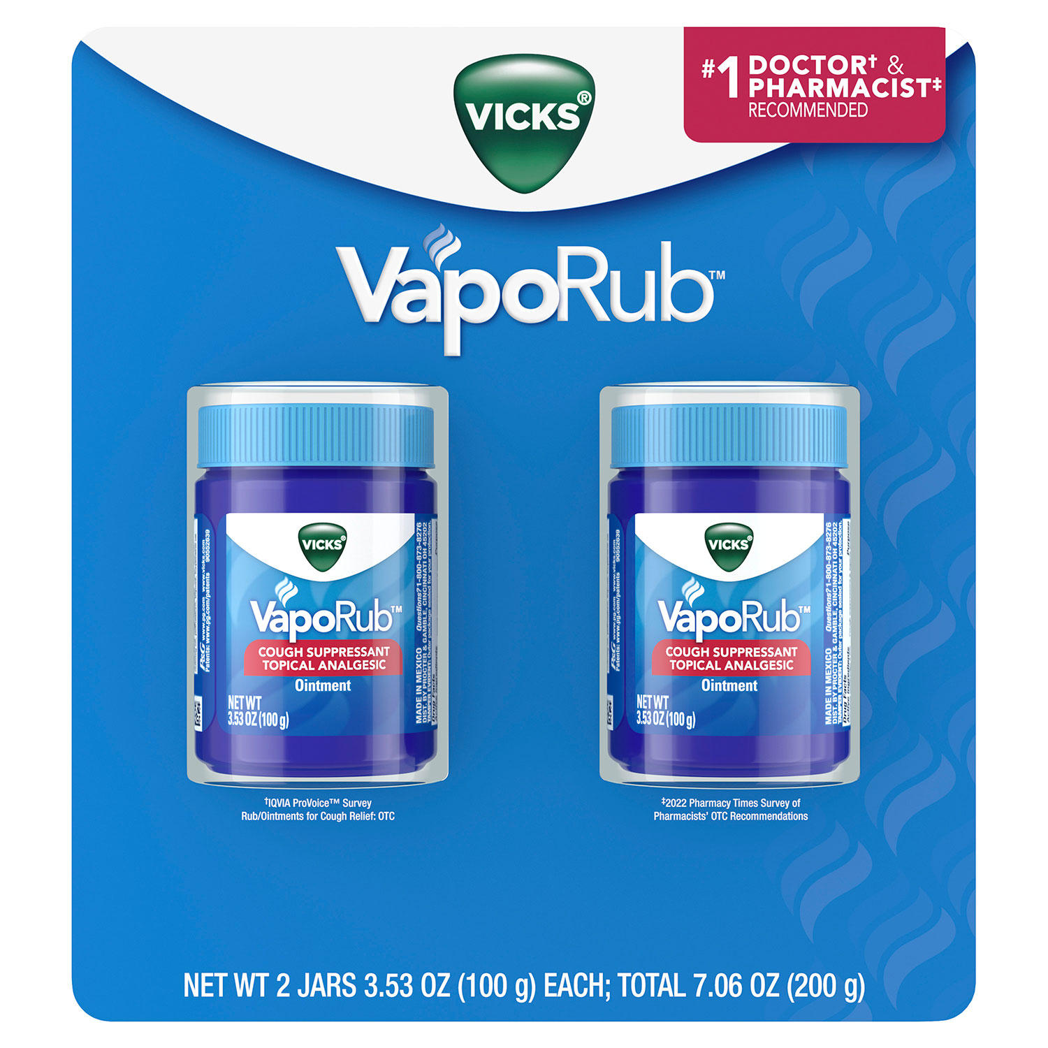 Vicks VapoRub Original Cough Suppressant Medicated Topical Analgesic Ointment (3.53 oz., 2 pk.)
