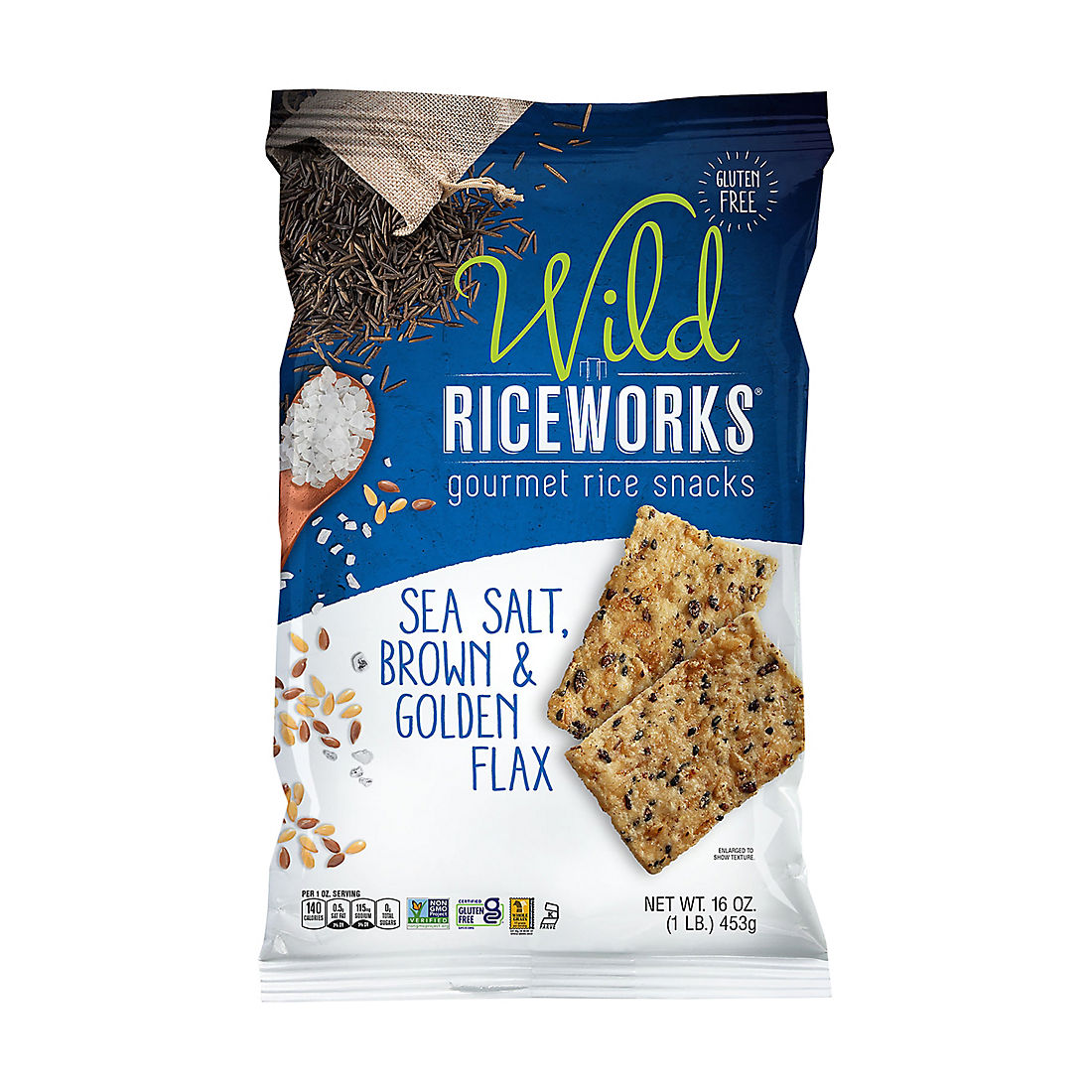 Wild Riceworks Sea Salt, Brown & Golden Flax Gourmet Rice Snacks, 16 oz.