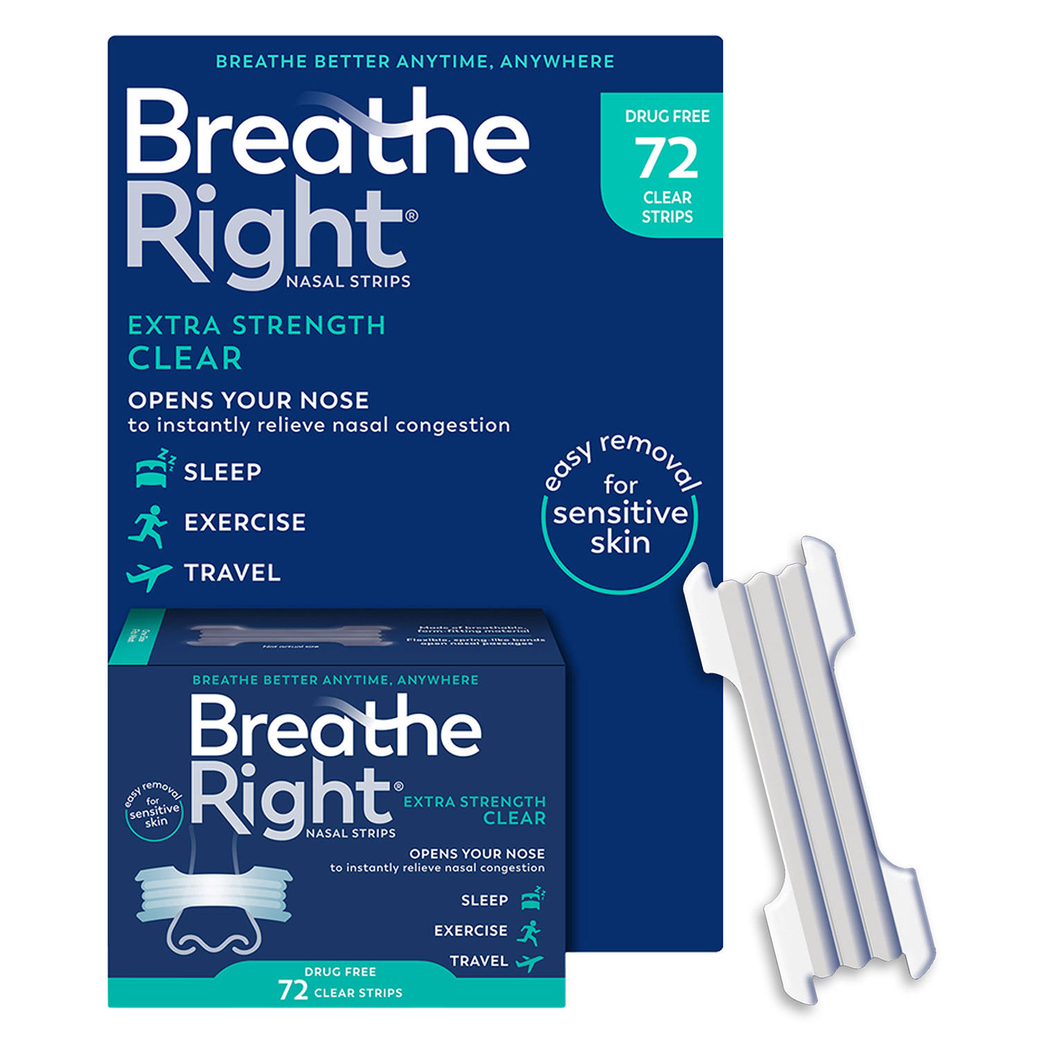 Breathe Right Nasal Strips, Extra Strength Clear, Help Stop Snoring, For Sensitive Skin (72 ct.)