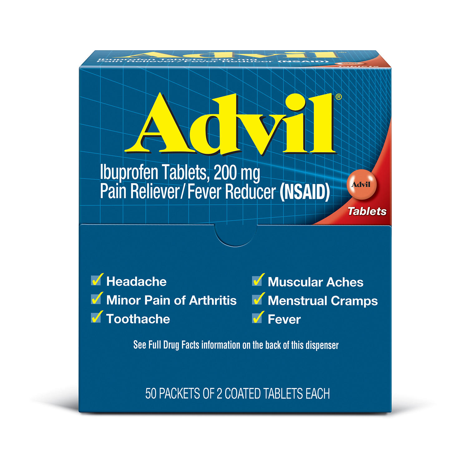 Advil Pain Reliever / Fever Reducer Coated Tablet,  200 mg. Ibuprofen (50 pk., 2 tablets/pk.)