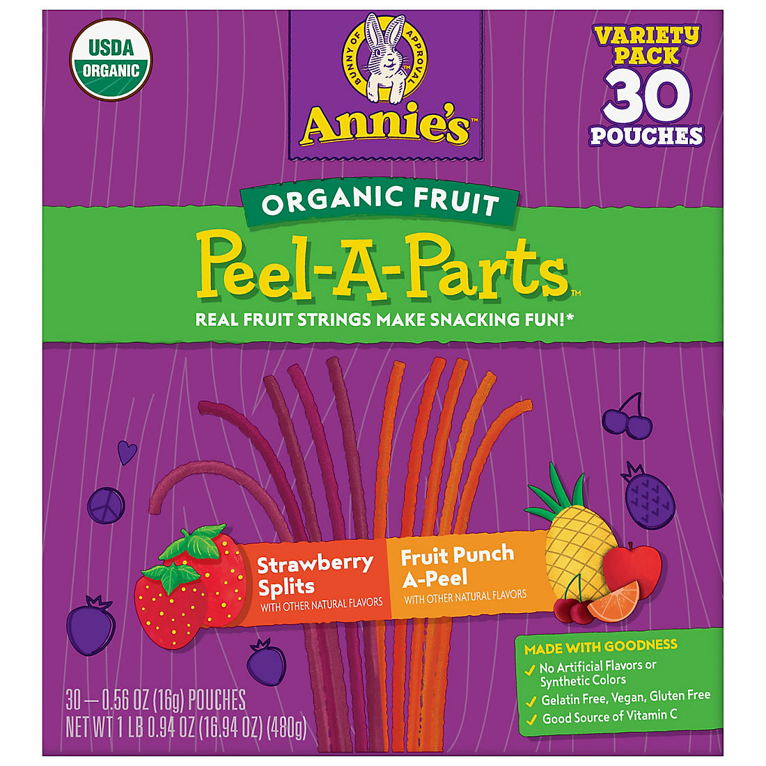 Annie's Organic Strawberry and Fruit Punch Peel-A-Parts Fruit Strings Variety Pack, 30 ct.